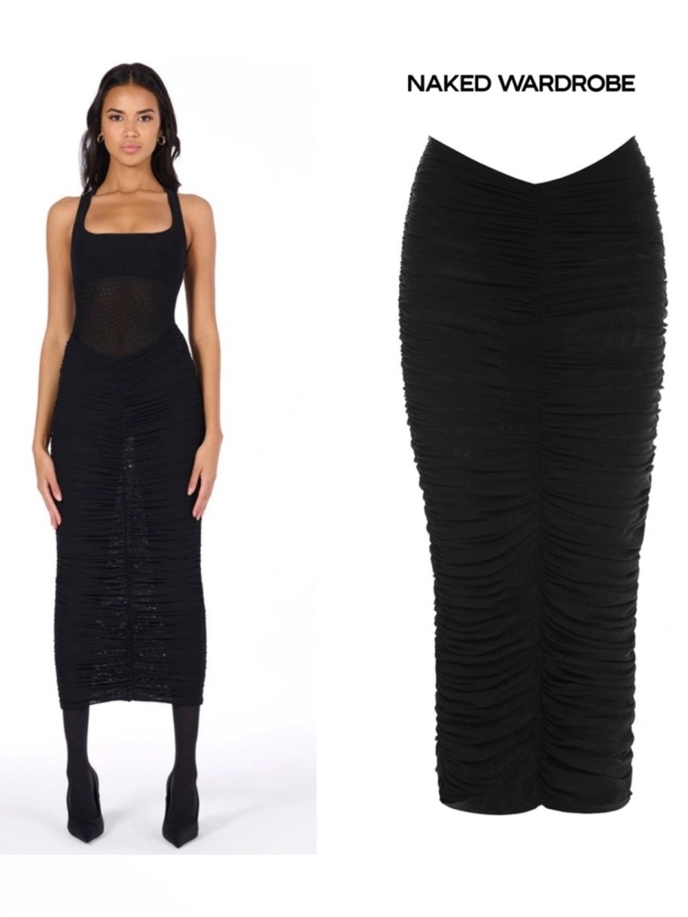 Naked Wardrobe Black Ruched Midi Skirt Small NWT Winter Holiday Date